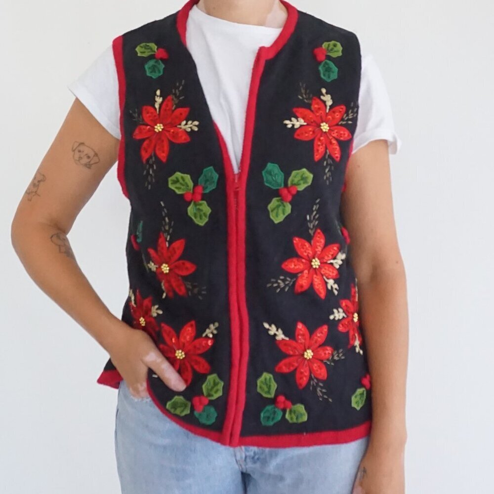 Vintage White Stag Black Embroidered Poinsettia Holiday Zip Vest Grandmacore M
